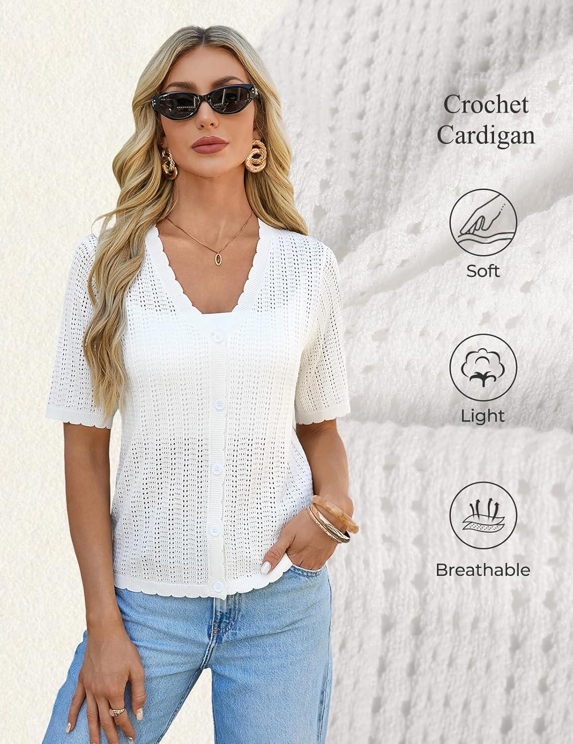 imageGRACE KARIN Short Sleeve Summer Cardigan Sweaters for Women 2026 Lightweight Shrug Crochet Beach Cover UpsIvory White