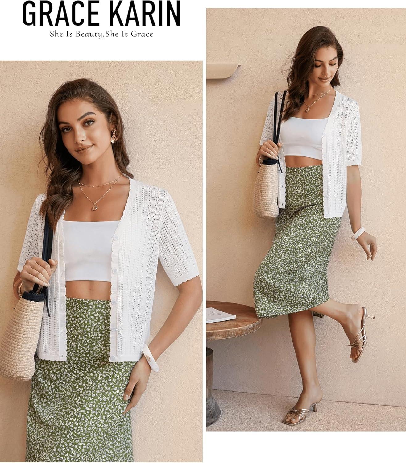 imageGRACE KARIN Short Sleeve Summer Cardigan Sweaters for Women 2026 Lightweight Shrug Crochet Beach Cover UpsIvory White