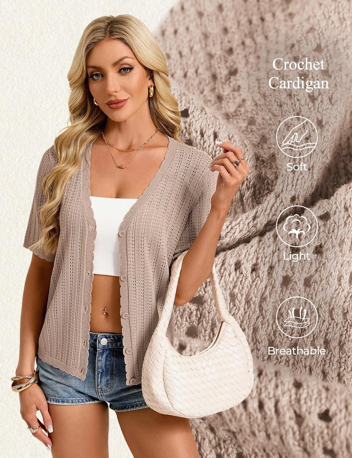 imageGRACE KARIN Short Sleeve Summer Cardigan Sweaters for Women 2026 Lightweight Shrug Crochet Beach Cover UpsKhaki