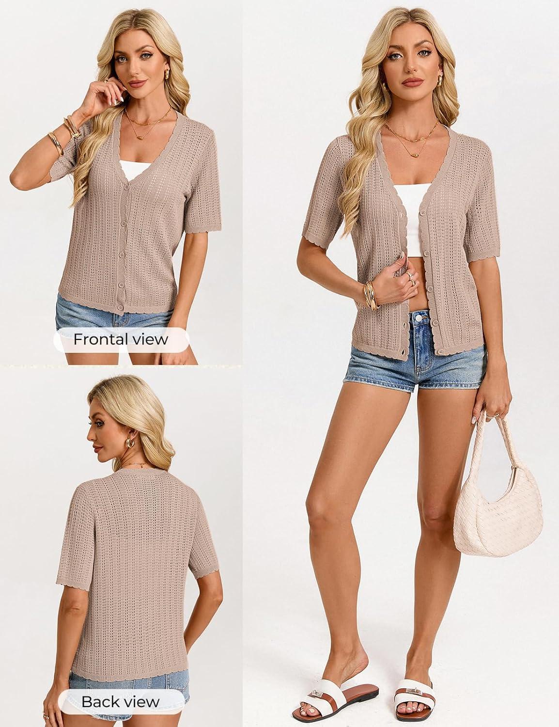 imageGRACE KARIN Short Sleeve Summer Cardigan Sweaters for Women 2026 Lightweight Shrug Crochet Beach Cover UpsKhaki