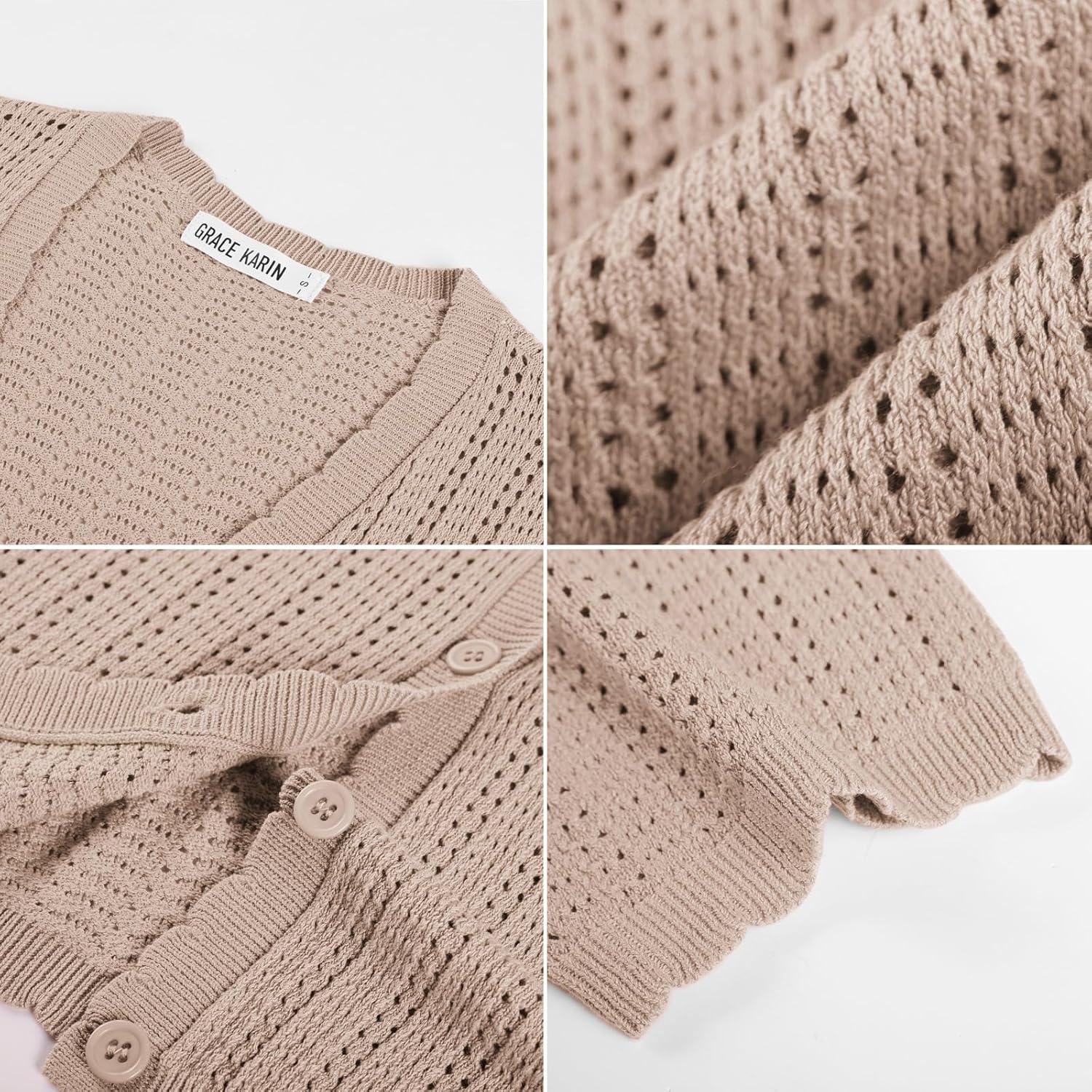 imageGRACE KARIN Short Sleeve Summer Cardigan Sweaters for Women 2026 Lightweight Shrug Crochet Beach Cover UpsKhaki