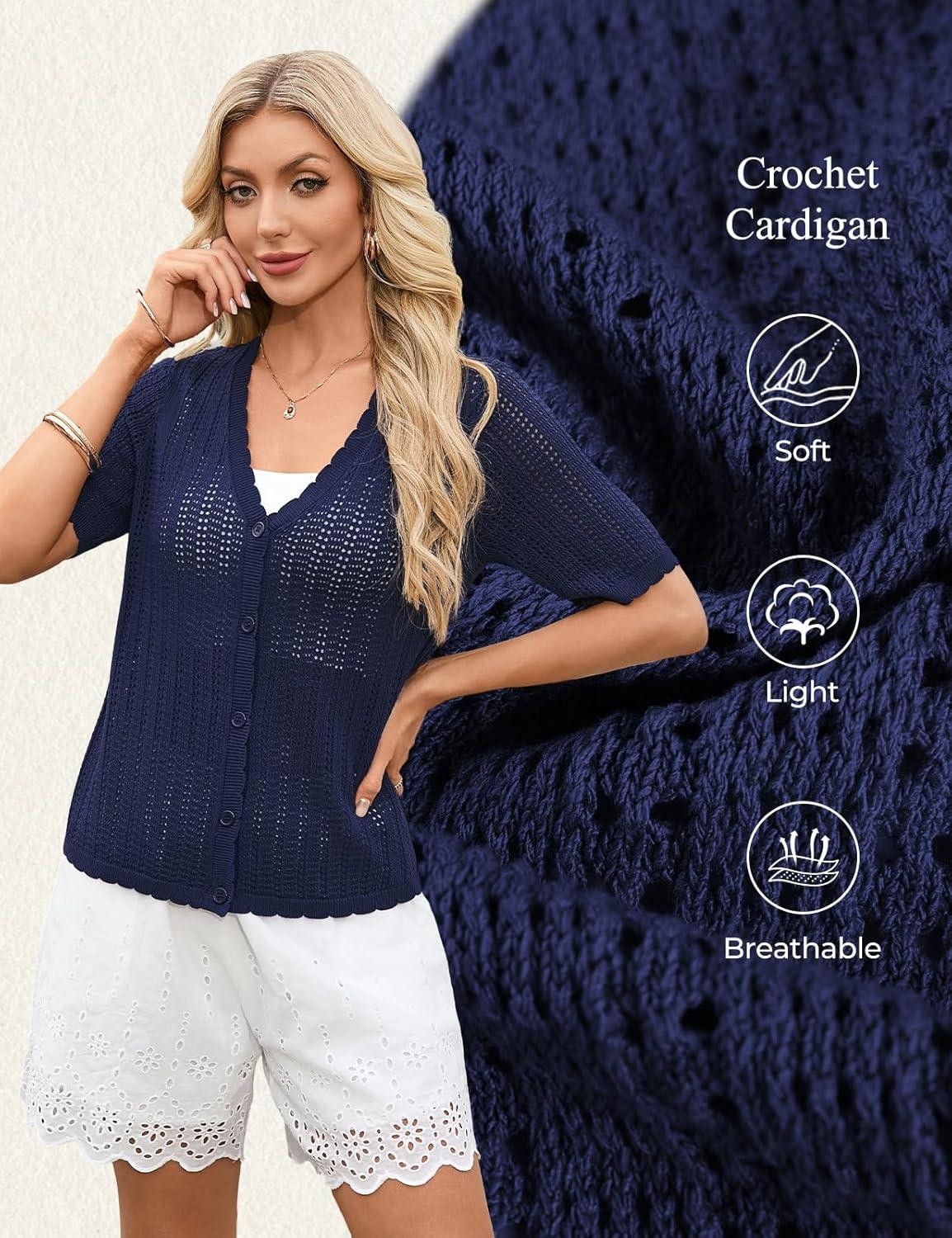 imageGRACE KARIN Short Sleeve Summer Cardigan Sweaters for Women 2026 Lightweight Shrug Crochet Beach Cover UpsNavy Blue