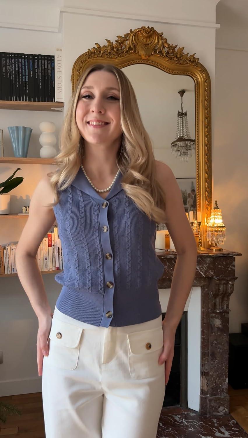 imageGRACE KARIN Sweater Vest Women Summer Sleeveless Knit Cardigans V Neck Collared Lightweight Button Down Sweaters TopsBlue
