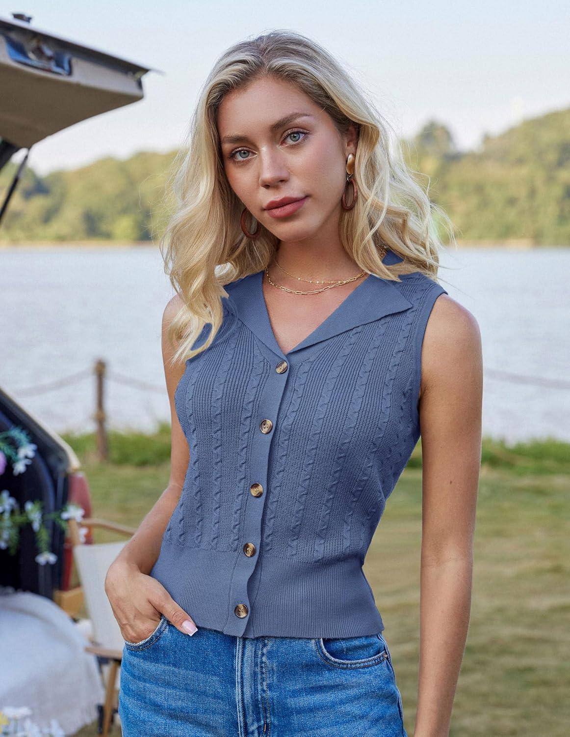 imageGRACE KARIN Sweater Vest Women Summer Sleeveless Knit Cardigans V Neck Collared Lightweight Button Down Sweaters TopsBlue