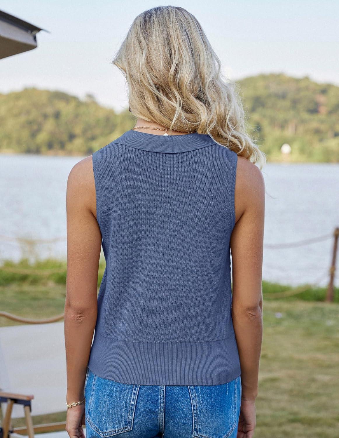 imageGRACE KARIN Sweater Vest Women Summer Sleeveless Knit Cardigans V Neck Collared Lightweight Button Down Sweaters TopsBlue