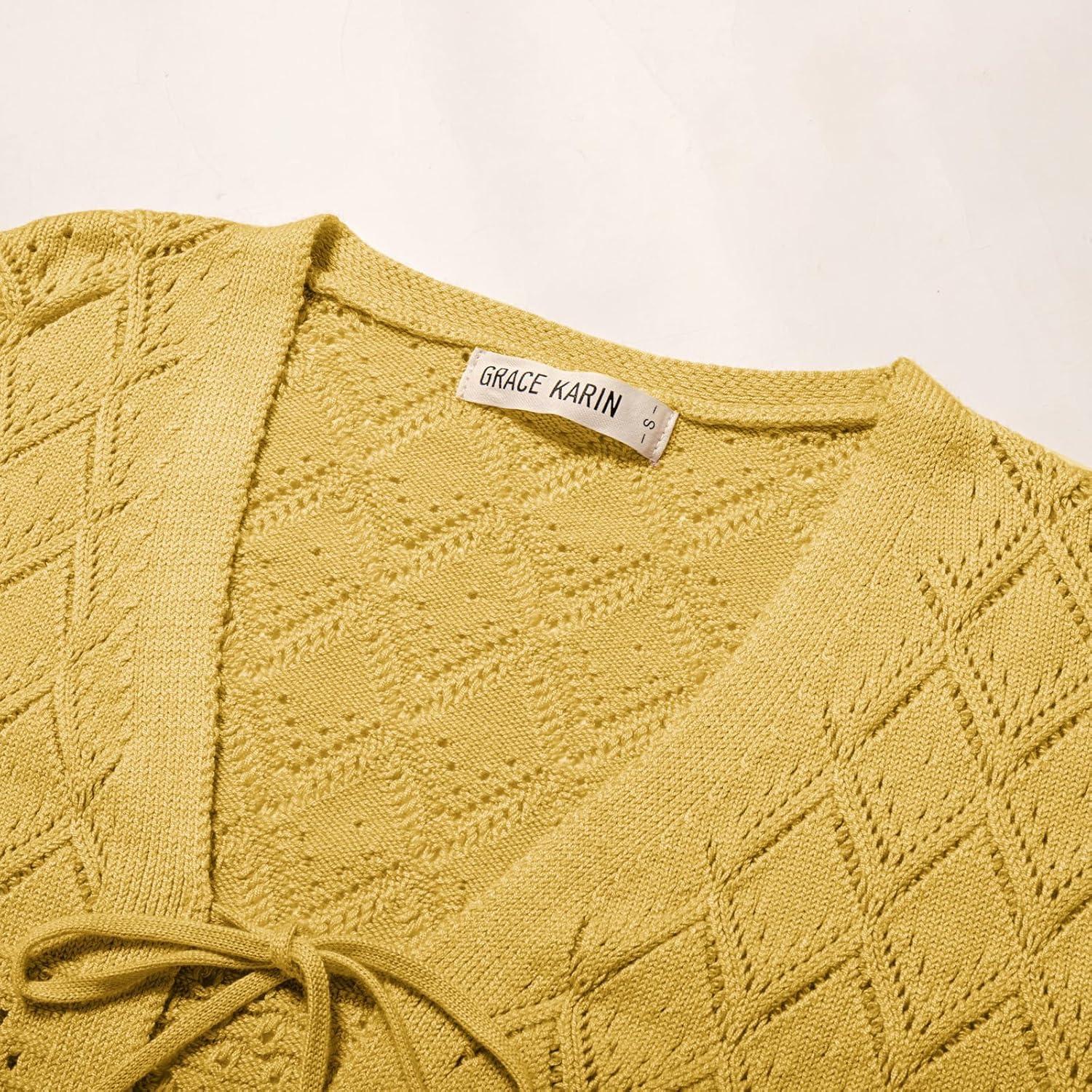 imageGRACE KARIN Tie Front Cardigan for Women Lightweight 34 Sleeve 2025 Summer Crochet Knit Bolero Shrug Sweater TopYellow