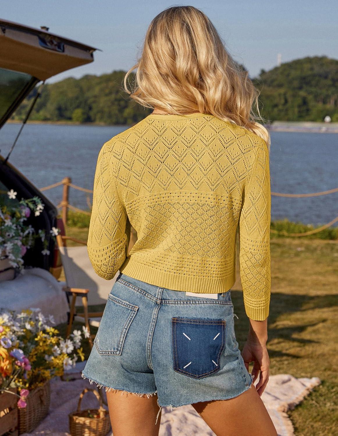 imageGRACE KARIN Tie Front Cardigan for Women Lightweight 34 Sleeve 2025 Summer Crochet Knit Bolero Shrug Sweater TopYellow