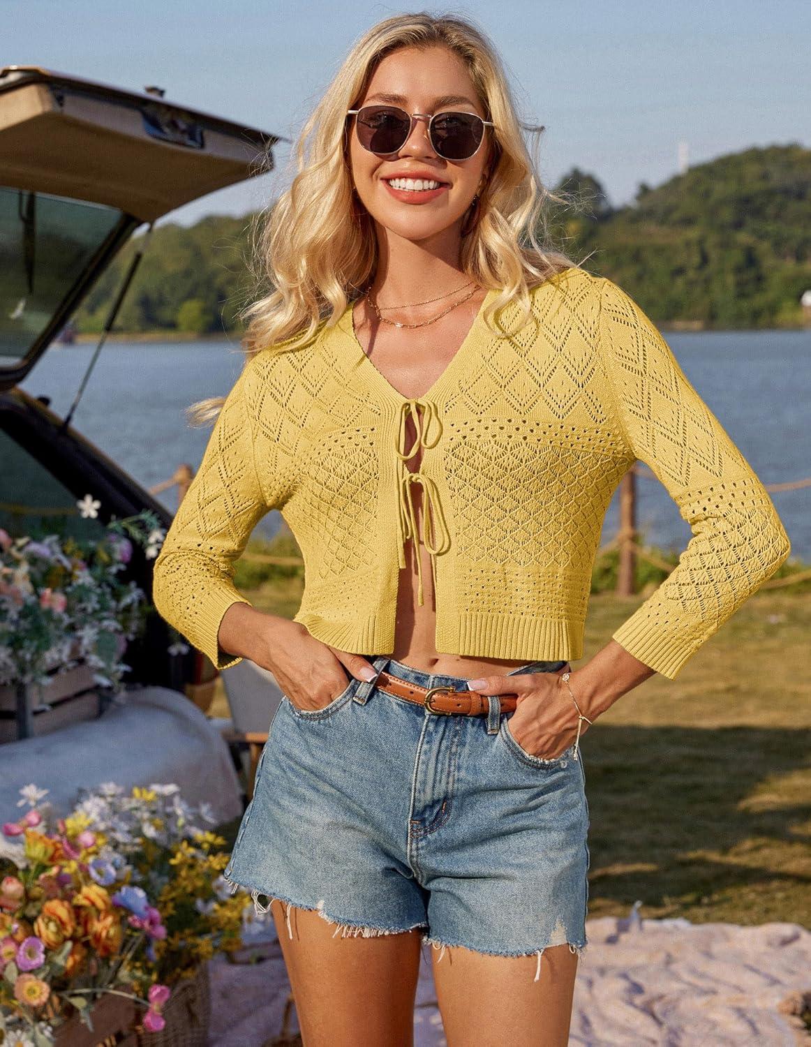 imageGRACE KARIN Tie Front Cardigan for Women Lightweight 34 Sleeve 2025 Summer Crochet Knit Bolero Shrug Sweater TopYellow