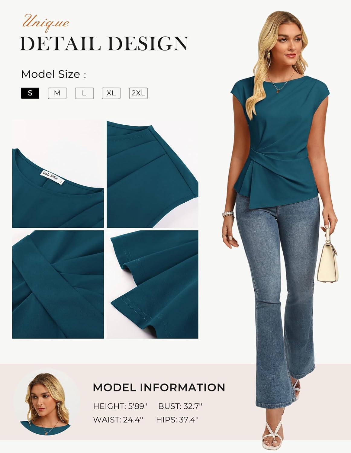 imageGRACE KARIN Womens 2026 Spring Short Sleeve Tops Dressy Casual Crew Neck Peplum Shirts Trendy Tunic Blouses with KnotPeacock Blue