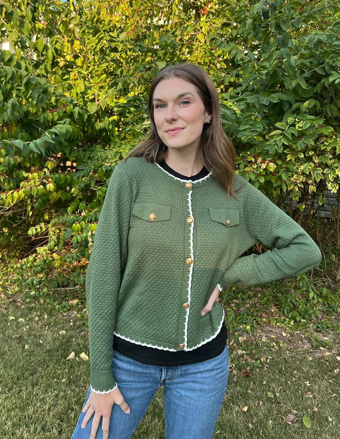 imageGRACE KARIN Womens Cardigans 2024 Button Down Knit Sweater Contrast Color Lightweight Lady Jackets Fall OutfitsArmy Green