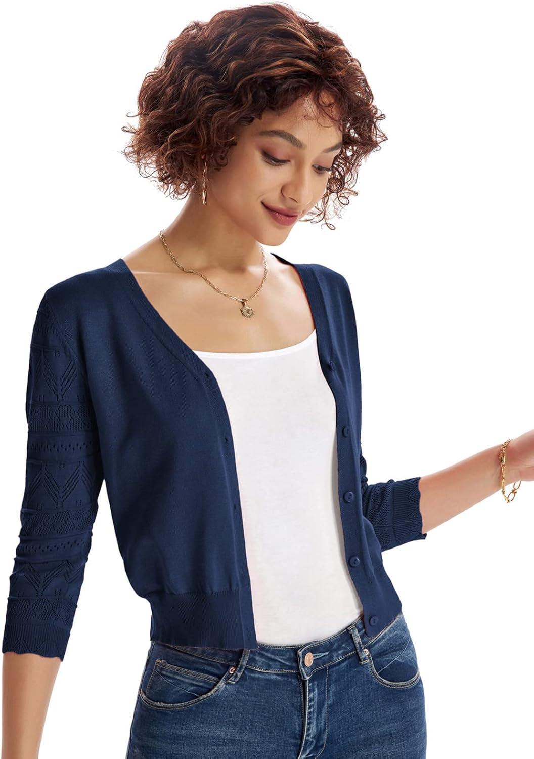 imageGRACE KARIN Womens Cardigans Shrugs for Dresses 34 Sleeve Cardigan V Neck Button Down Sweater LightweightNavy Blue