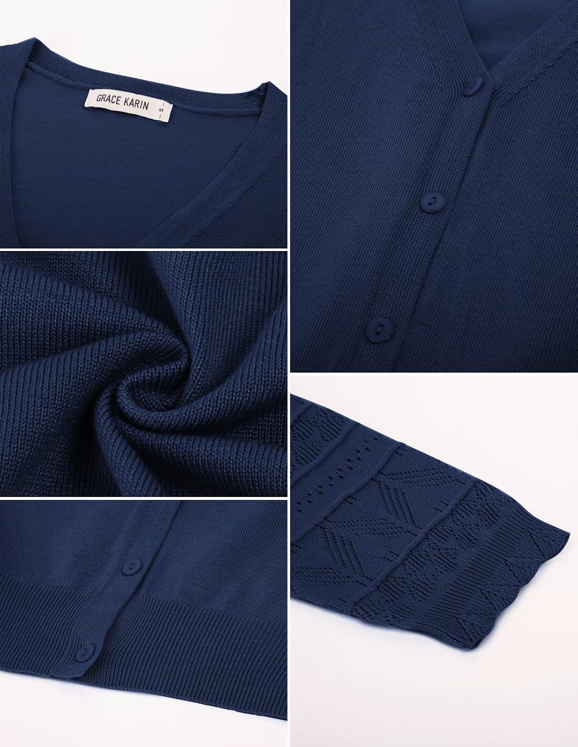 imageGRACE KARIN Womens Cardigans Shrugs for Dresses 34 Sleeve Cardigan V Neck Button Down Sweater LightweightNavy Blue