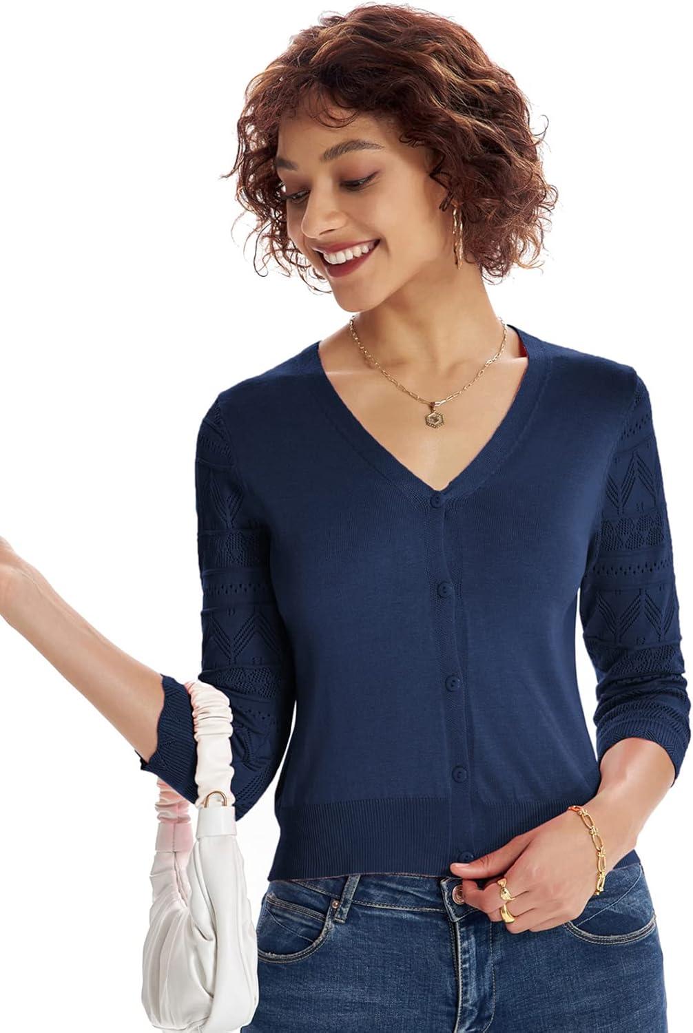imageGRACE KARIN Womens Cardigans Shrugs for Dresses 34 Sleeve Cardigan V Neck Button Down Sweater LightweightNavy Blue