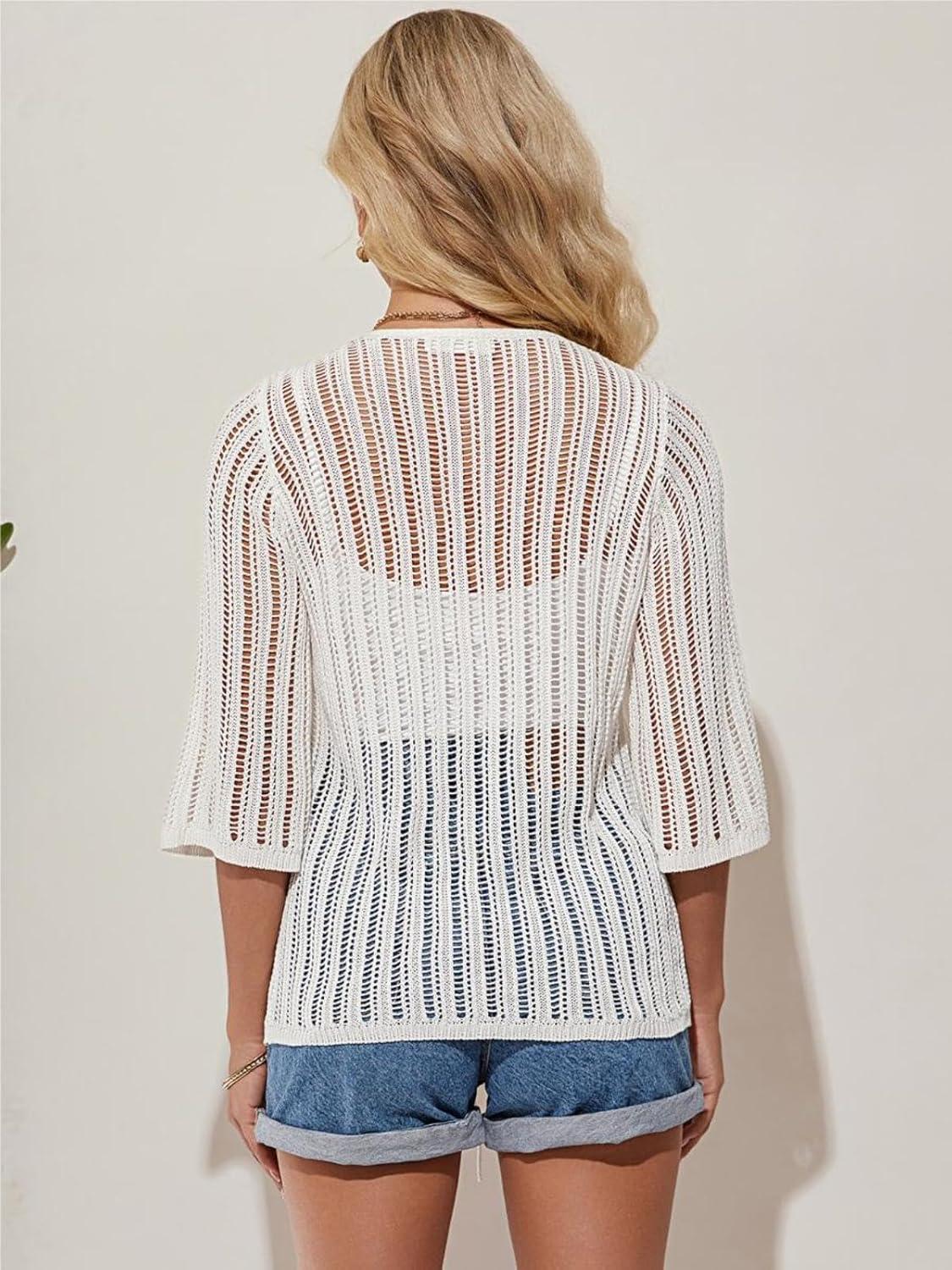 imageGRACE KARIN Womens Lightweight Crochet Cardigan Tie Front Cardigan 34 Sleeve Summer Sweater Kimono Beach Cover Up S2XLWhite