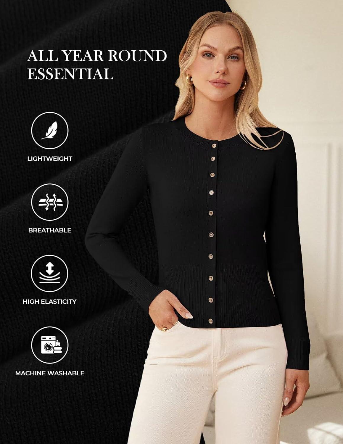imageGRACE KARIN Womens Lightweight Spring Cardigan Long Sleeve Knit Crop Sweater Trendy Button Open Front Crewneck JacketBlack