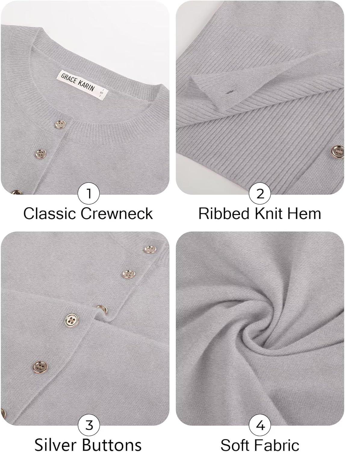imageGRACE KARIN Womens Lightweight Spring Cardigan Long Sleeve Knit Crop Sweater Trendy Button Open Front Crewneck JacketGray