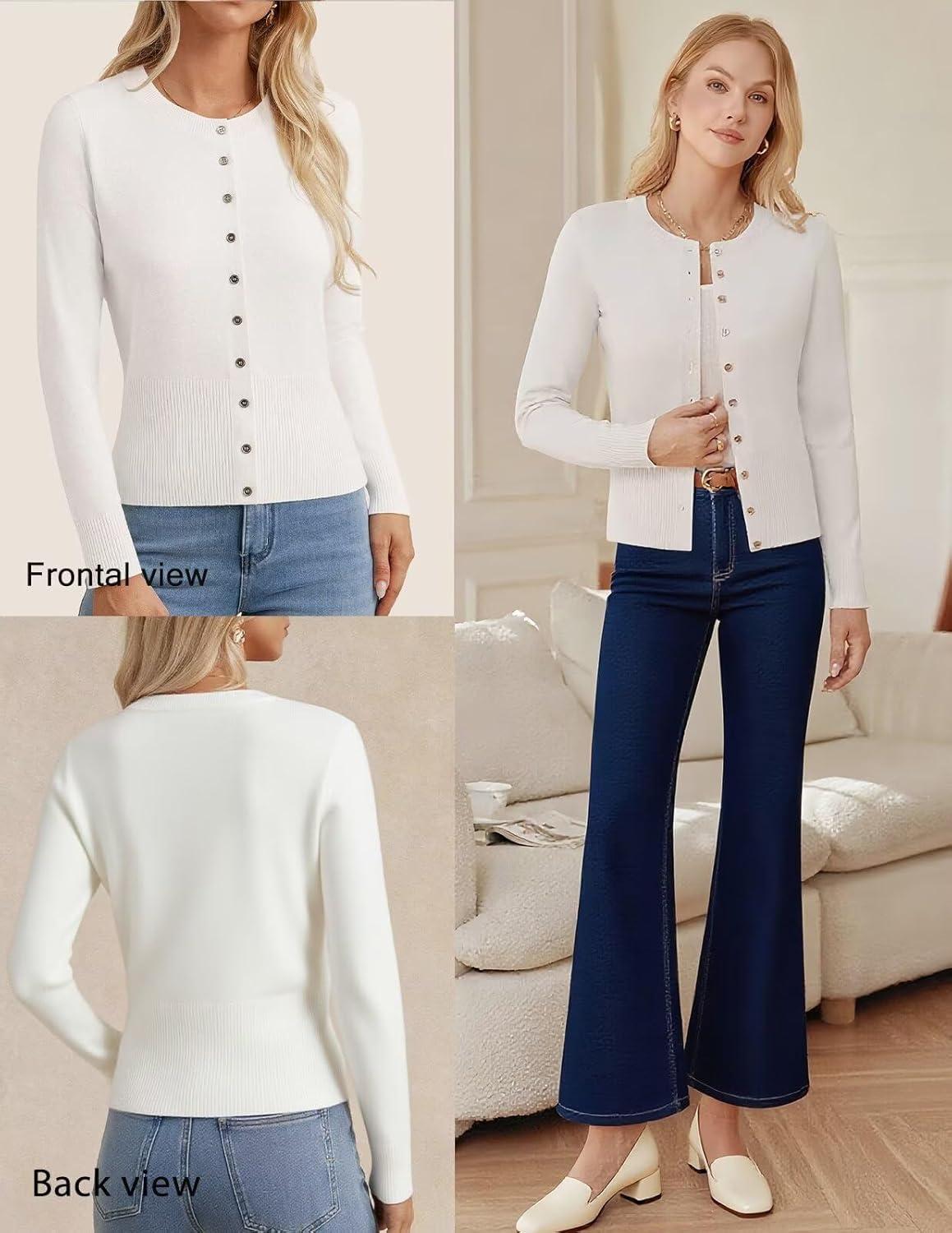 imageGRACE KARIN Womens Lightweight Spring Cardigan Long Sleeve Knit Crop Sweater Trendy Button Open Front Crewneck JacketOffwhite