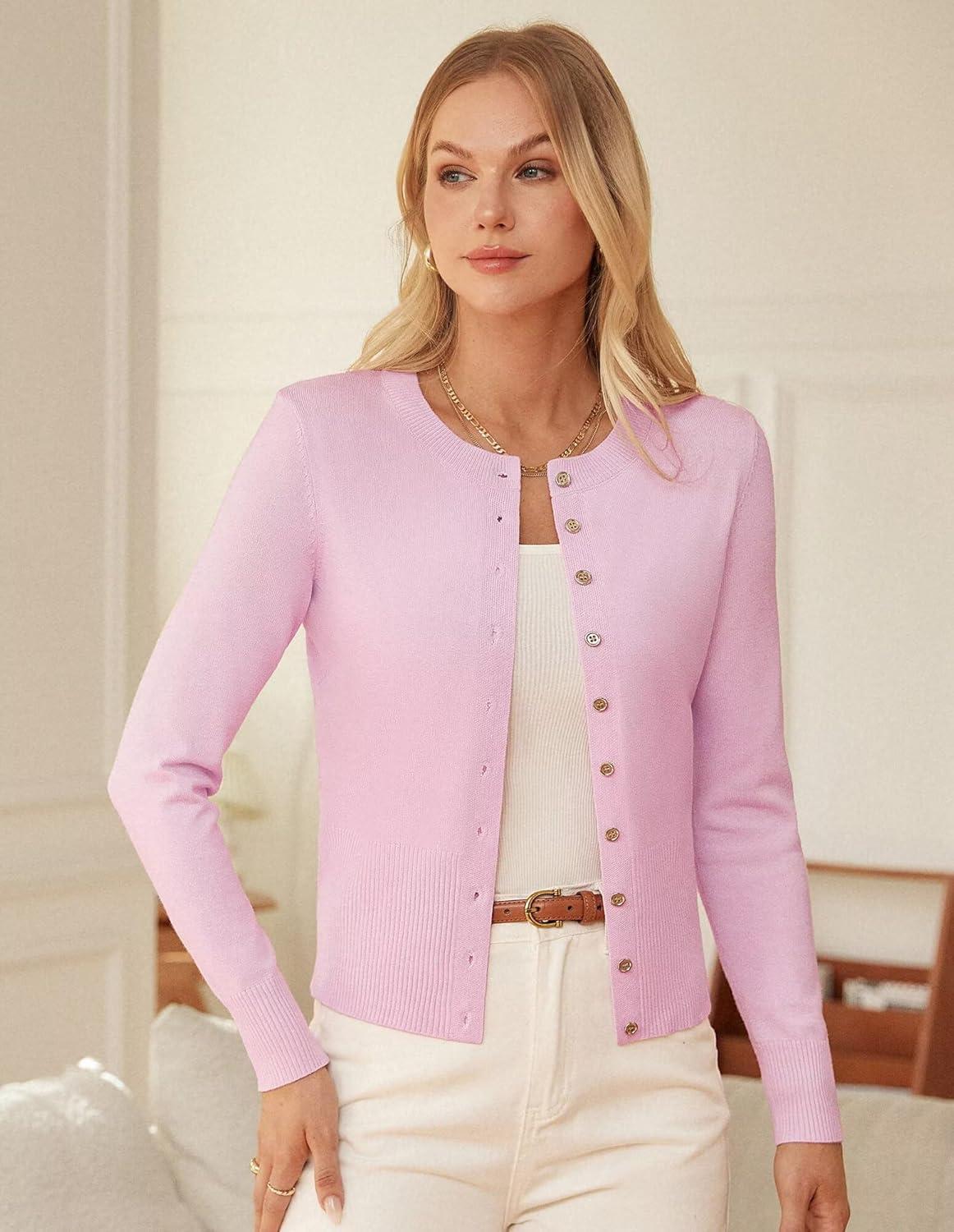 imageGRACE KARIN Womens Lightweight Spring Cardigan Long Sleeve Knit Crop Sweater Trendy Button Open Front Crewneck JacketPink