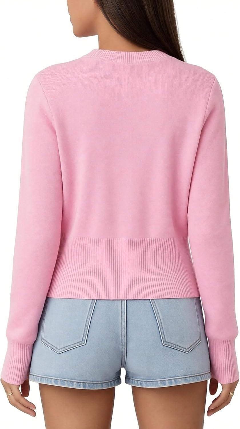 imageGRACE KARIN Womens Lightweight Spring Cardigan Long Sleeve Knit Crop Sweater Trendy Button Open Front Crewneck JacketPink