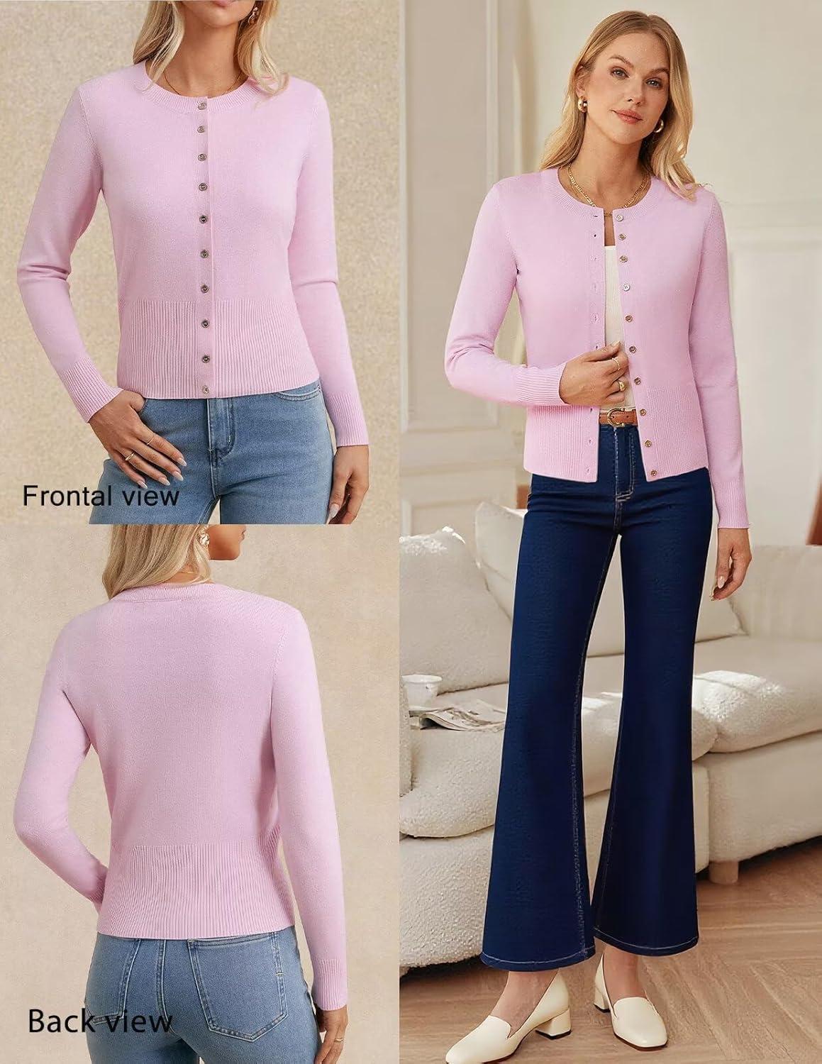 imageGRACE KARIN Womens Lightweight Spring Cardigan Long Sleeve Knit Crop Sweater Trendy Button Open Front Crewneck JacketPink