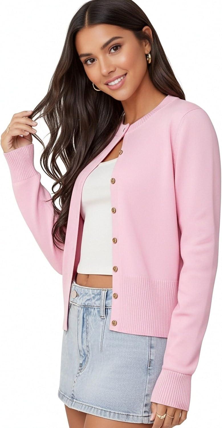 imageGRACE KARIN Womens Lightweight Spring Cardigan Long Sleeve Knit Crop Sweater Trendy Button Open Front Crewneck JacketPink
