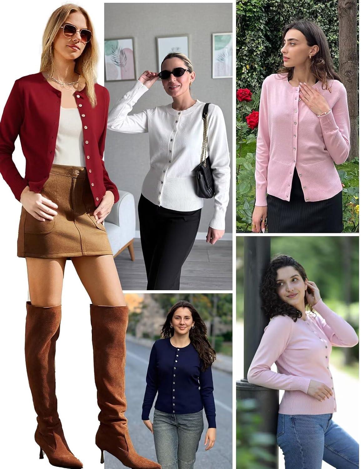 imageGRACE KARIN Womens Lightweight Spring Cardigan Long Sleeve Knit Crop Sweater Trendy Button Open Front Crewneck JacketRed