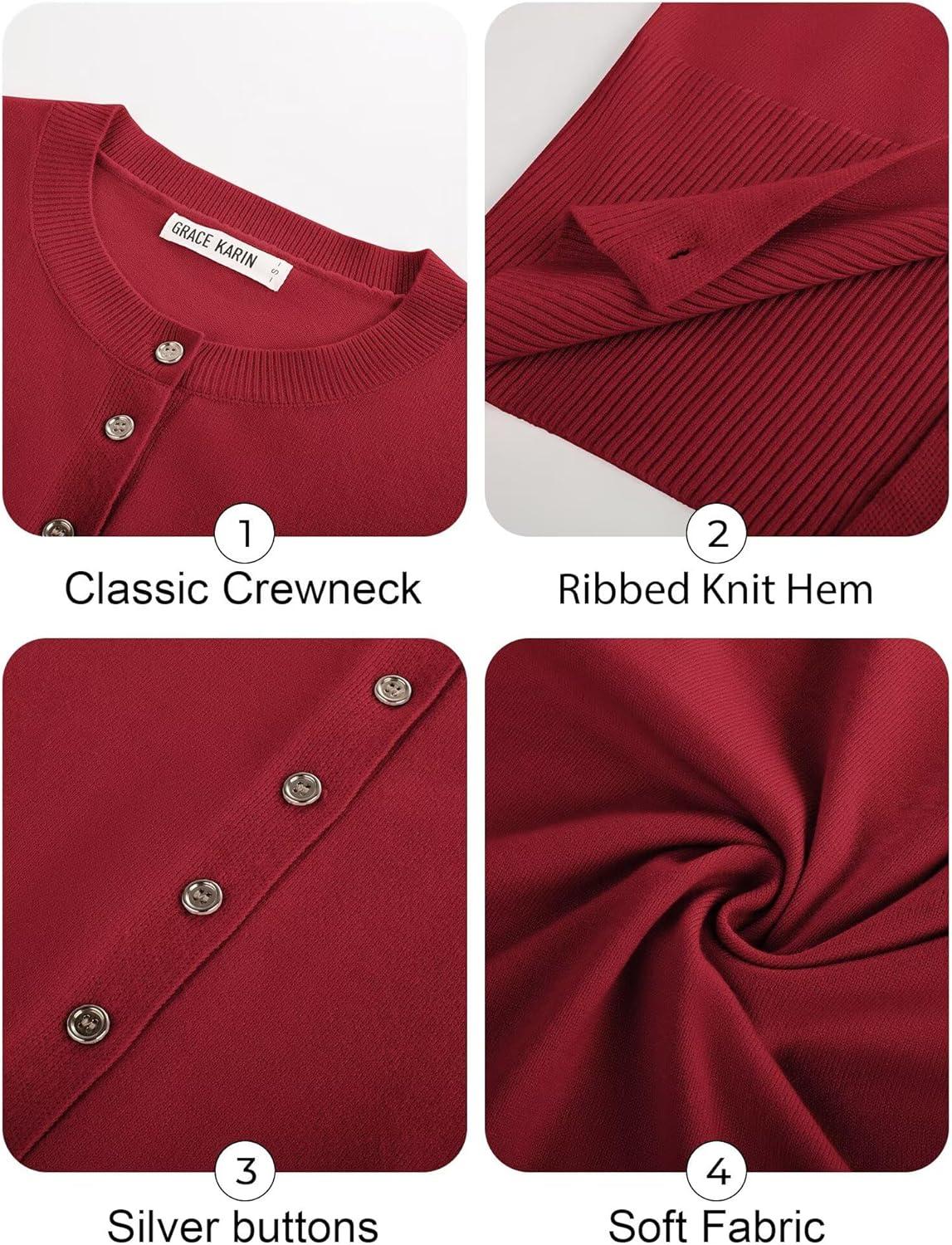 imageGRACE KARIN Womens Lightweight Spring Cardigan Long Sleeve Knit Crop Sweater Trendy Button Open Front Crewneck JacketRed