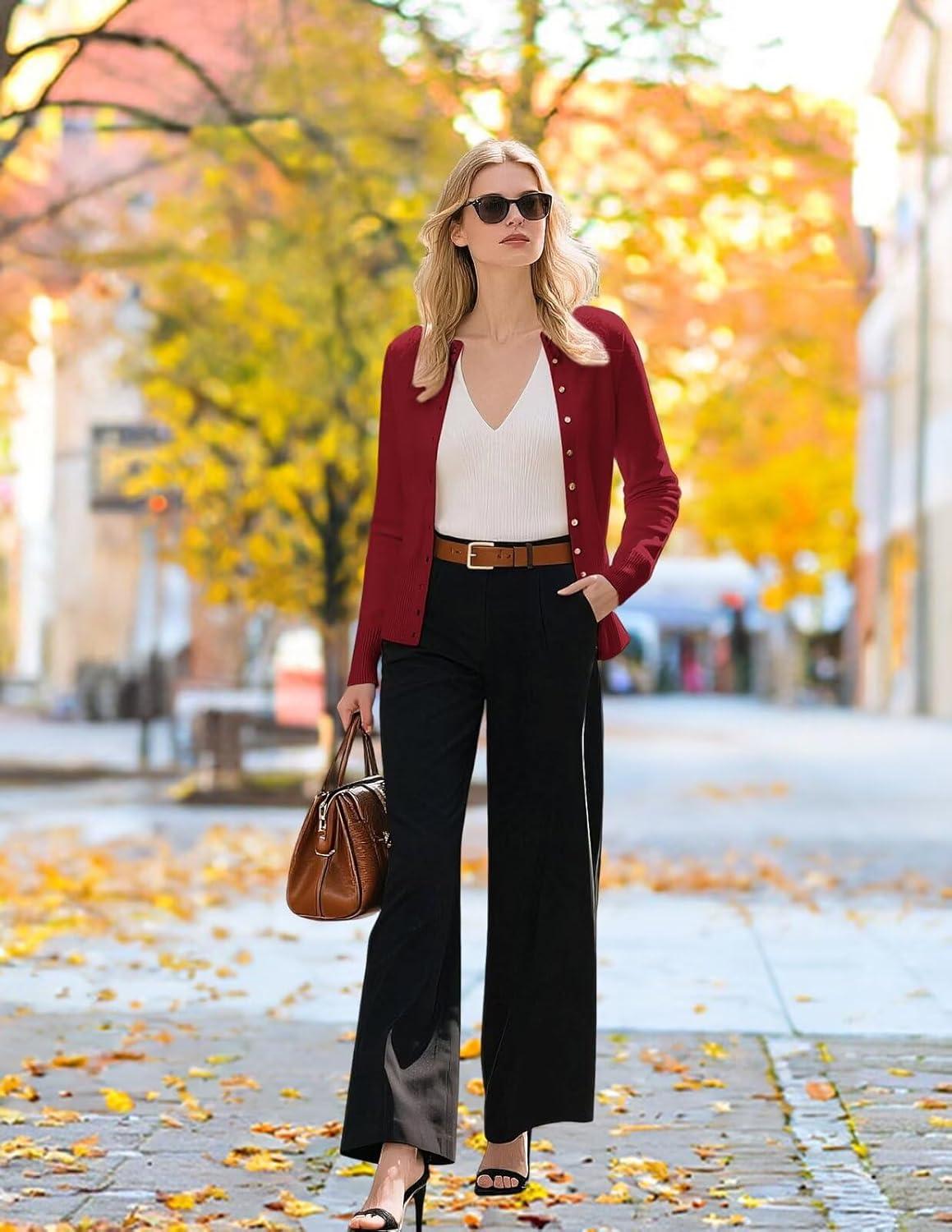 imageGRACE KARIN Womens Lightweight Spring Cardigan Long Sleeve Knit Crop Sweater Trendy Button Open Front Crewneck JacketRed