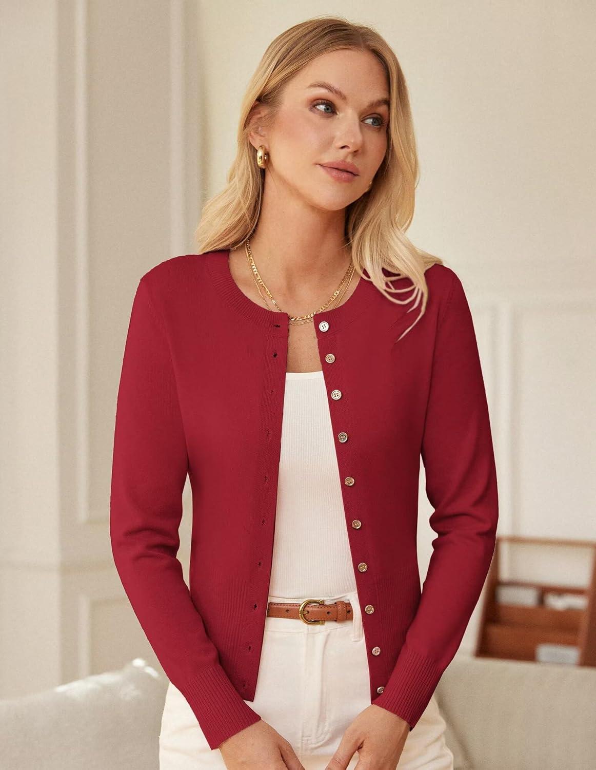 imageGRACE KARIN Womens Lightweight Spring Cardigan Long Sleeve Knit Crop Sweater Trendy Button Open Front Crewneck JacketRed