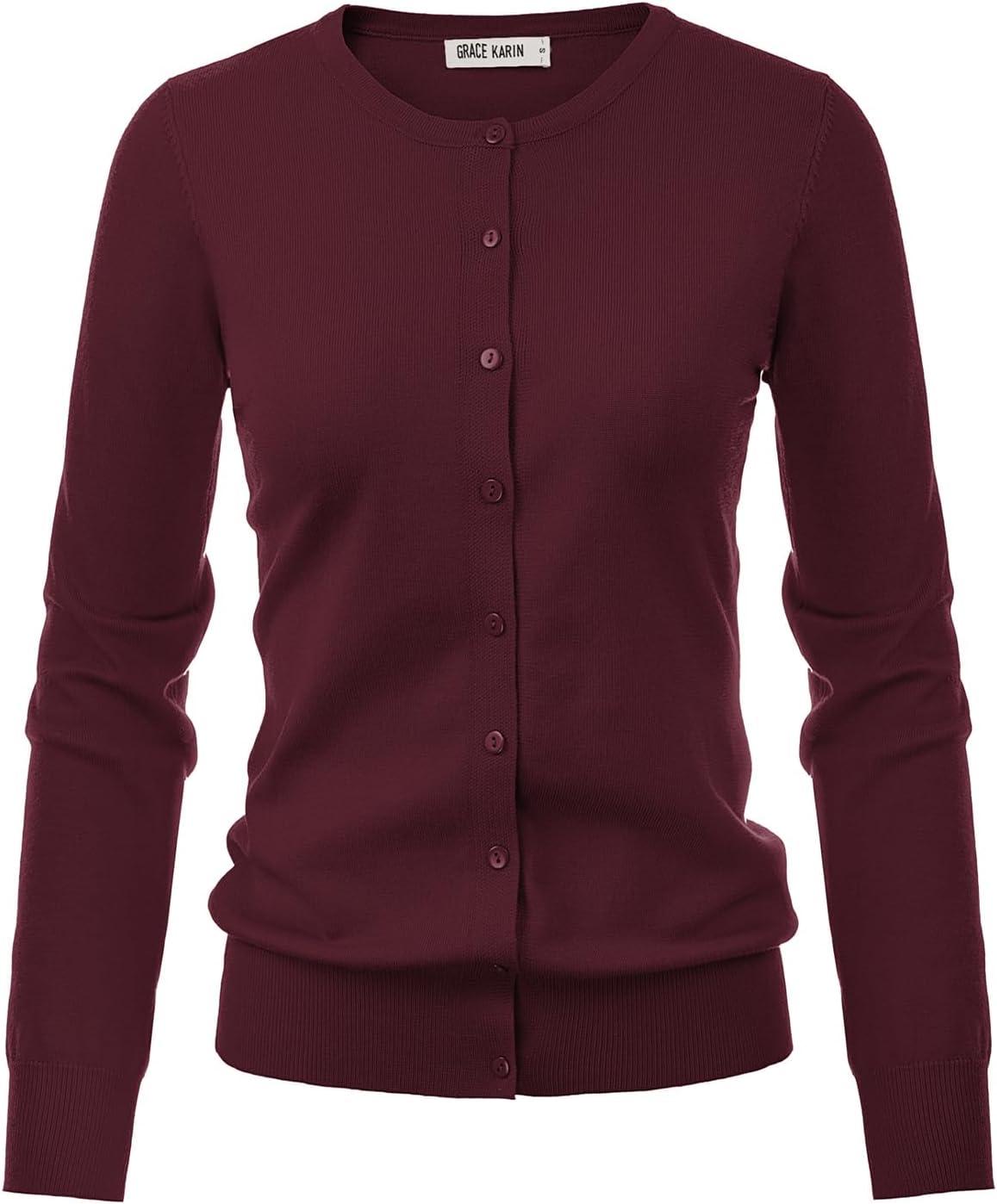 imageGRACE KARIN Womens Long Sleeve Knit Cardigan Sweaters Casual Dressy Open Front Button Down Cardigans Spring Outfits S Wine Red