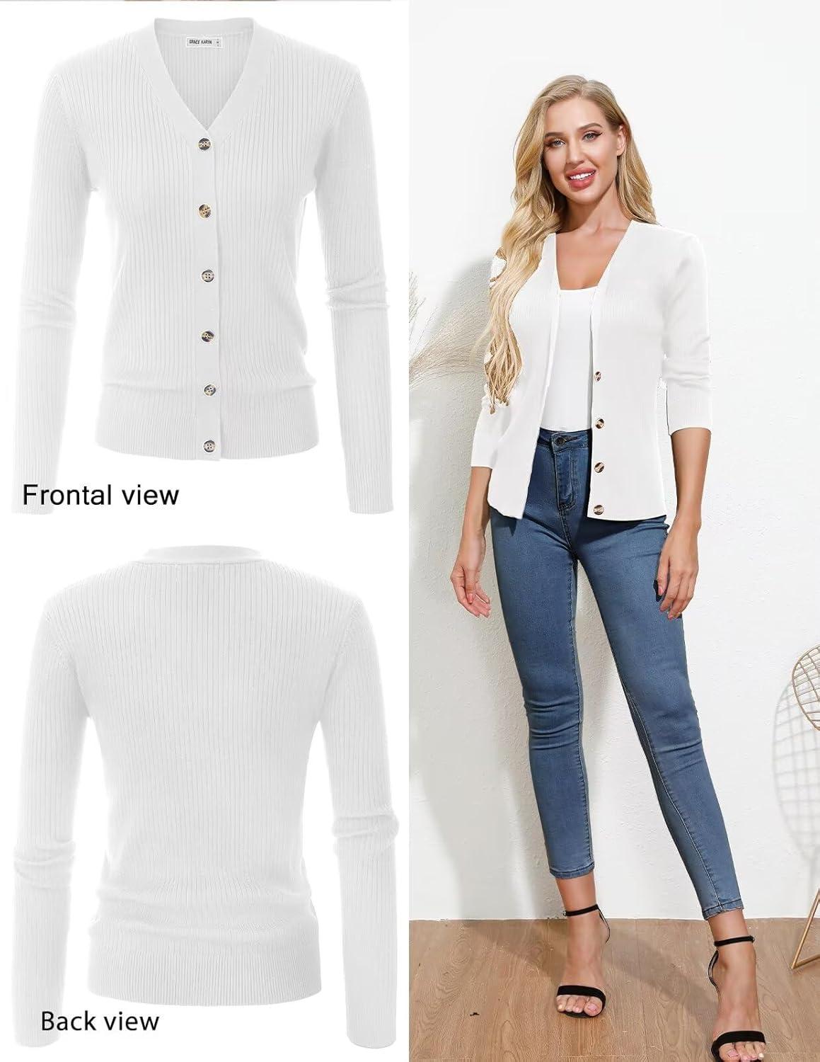 imageGRACE KARIN Womens Long Sleeve V Neck Button Up Cardigan Sweaters Trendy Ribbed Knit Open Front Casual JacketBright White