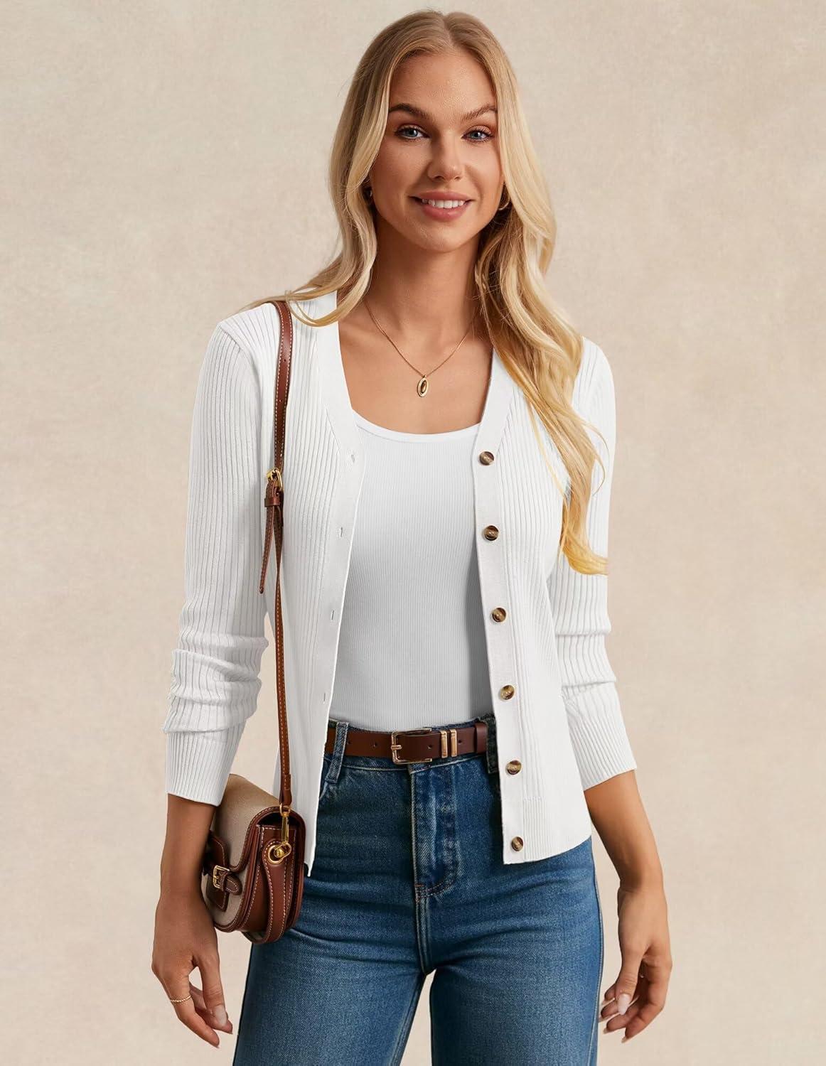 imageGRACE KARIN Womens Long Sleeve V Neck Button Up Cardigan Sweaters Trendy Ribbed Knit Open Front Casual JacketBright White