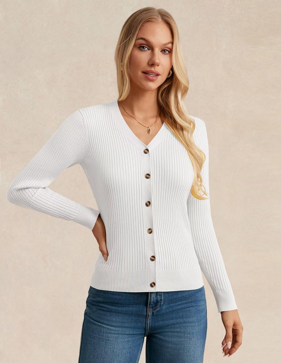 imageGRACE KARIN Womens Long Sleeve V Neck Button Up Cardigan Sweaters Trendy Ribbed Knit Open Front Casual JacketBright White