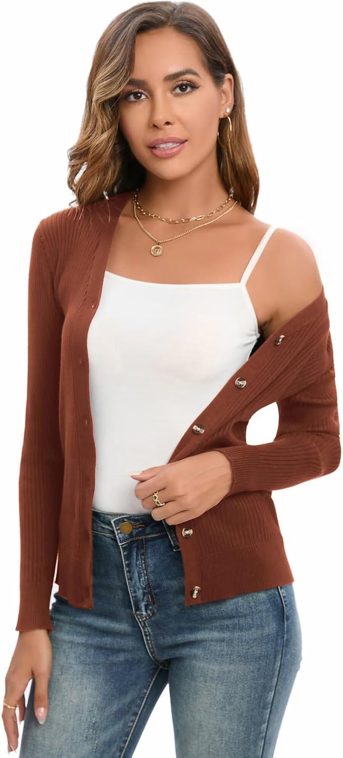 imageGRACE KARIN Womens Long Sleeve V Neck Button Up Cardigan Sweaters Trendy Ribbed Knit Open Front Casual JacketCaramel