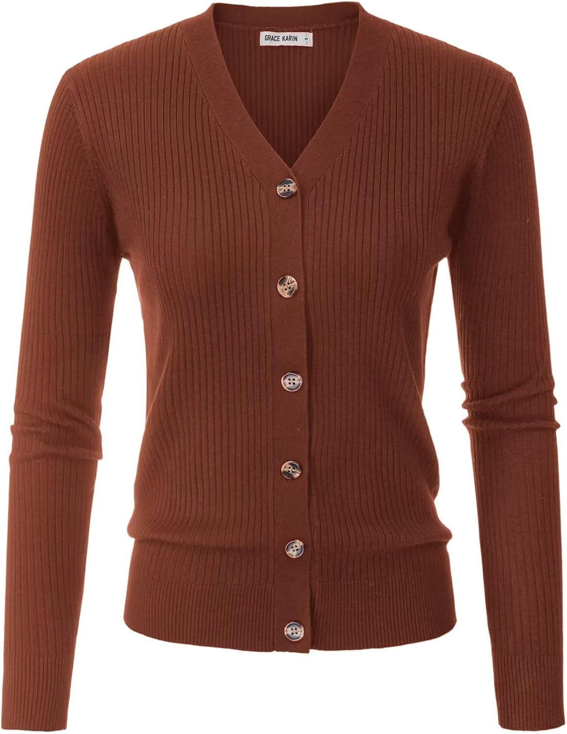 imageGRACE KARIN Womens Long Sleeve V Neck Button Up Cardigan Sweaters Trendy Ribbed Knit Open Front Casual JacketCaramel