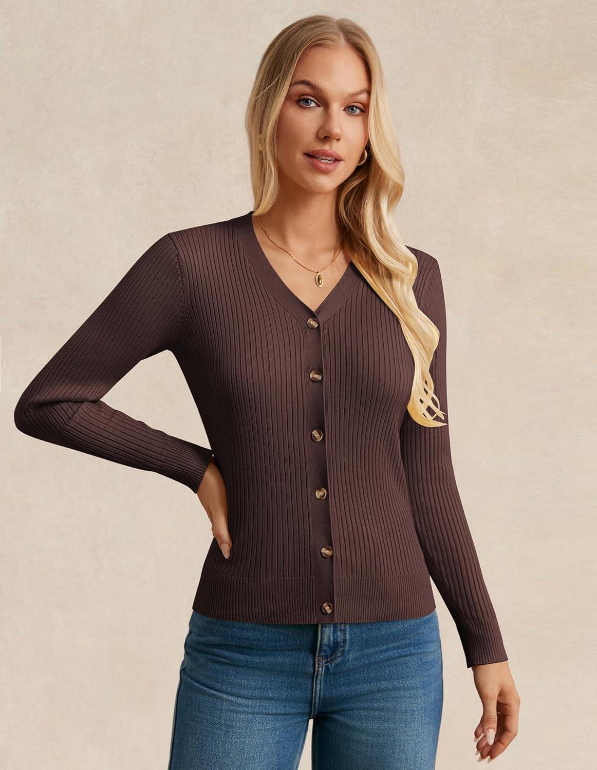 imageGRACE KARIN Womens Long Sleeve V Neck Button Up Cardigan Sweaters Trendy Ribbed Knit Open Front Casual JacketCoffee
