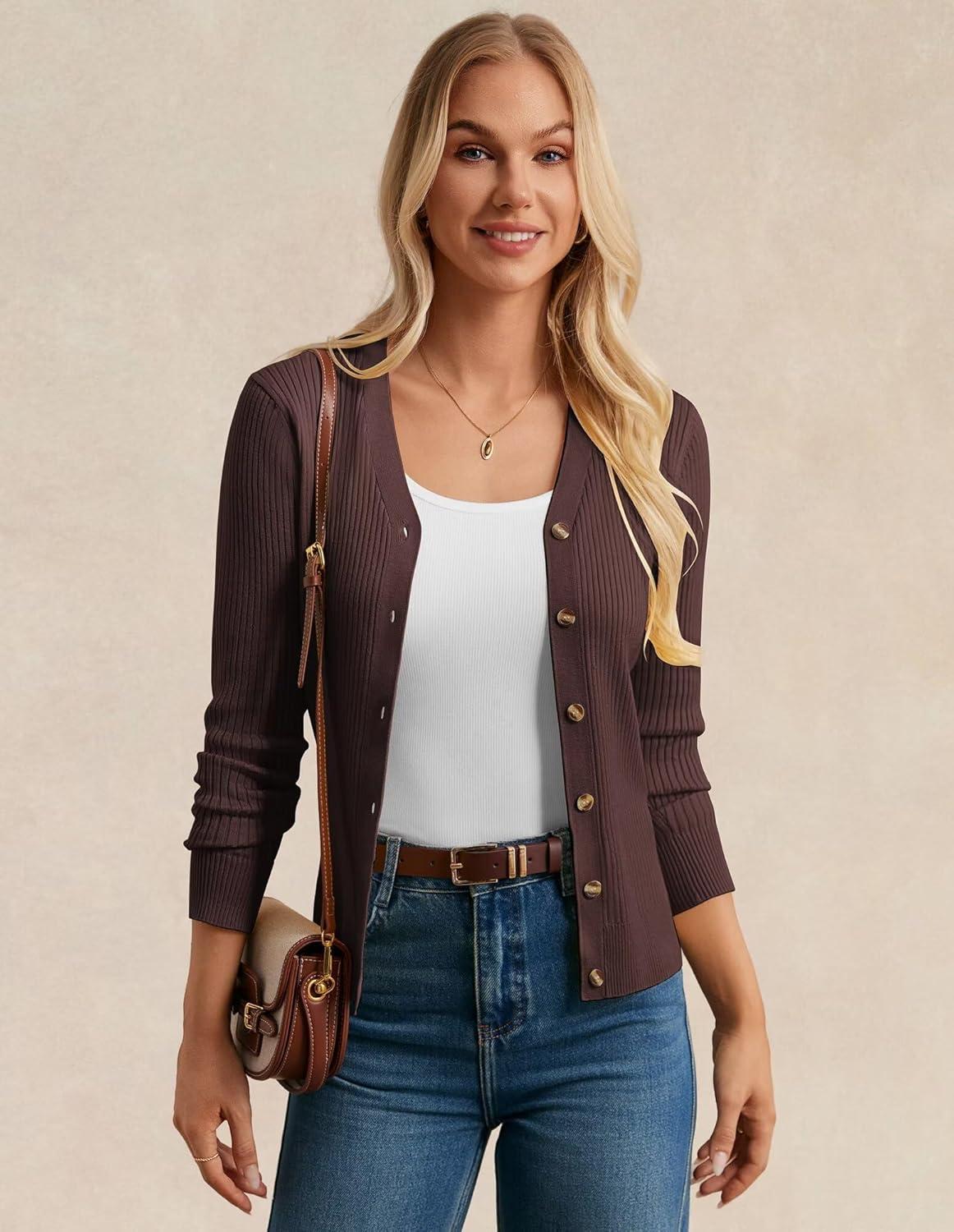 imageGRACE KARIN Womens Long Sleeve V Neck Button Up Cardigan Sweaters Trendy Ribbed Knit Open Front Casual JacketCoffee