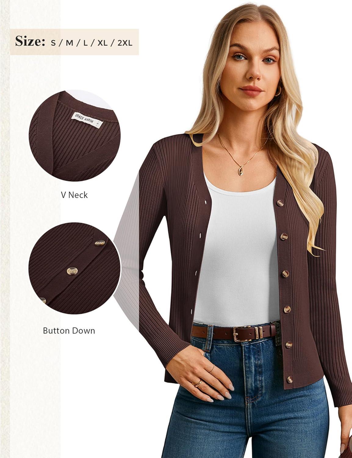 imageGRACE KARIN Womens Long Sleeve V Neck Button Up Cardigan Sweaters Trendy Ribbed Knit Open Front Casual JacketCoffee