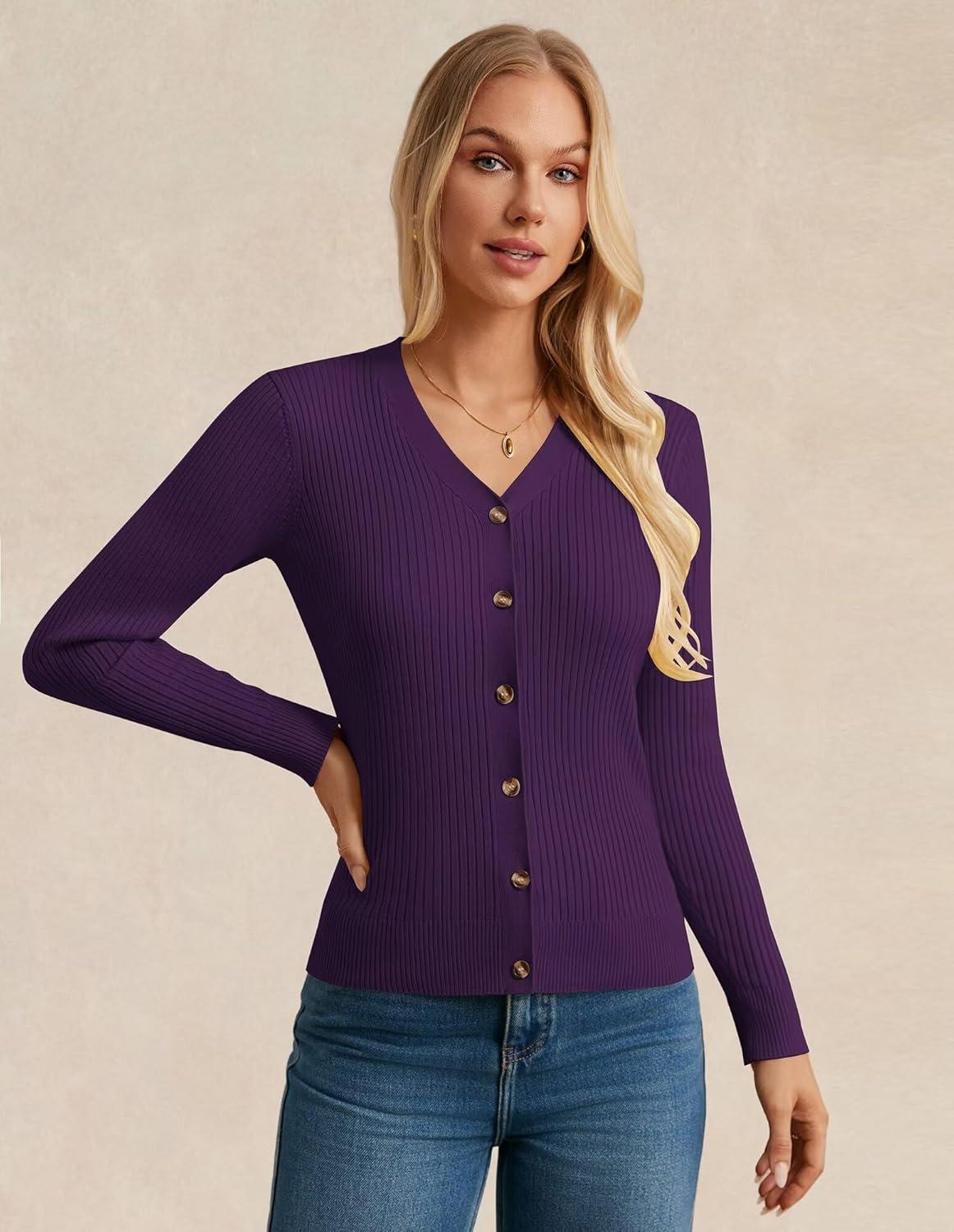 imageGRACE KARIN Womens Long Sleeve V Neck Button Up Cardigan Sweaters Trendy Ribbed Knit Open Front Casual JacketDark Purple