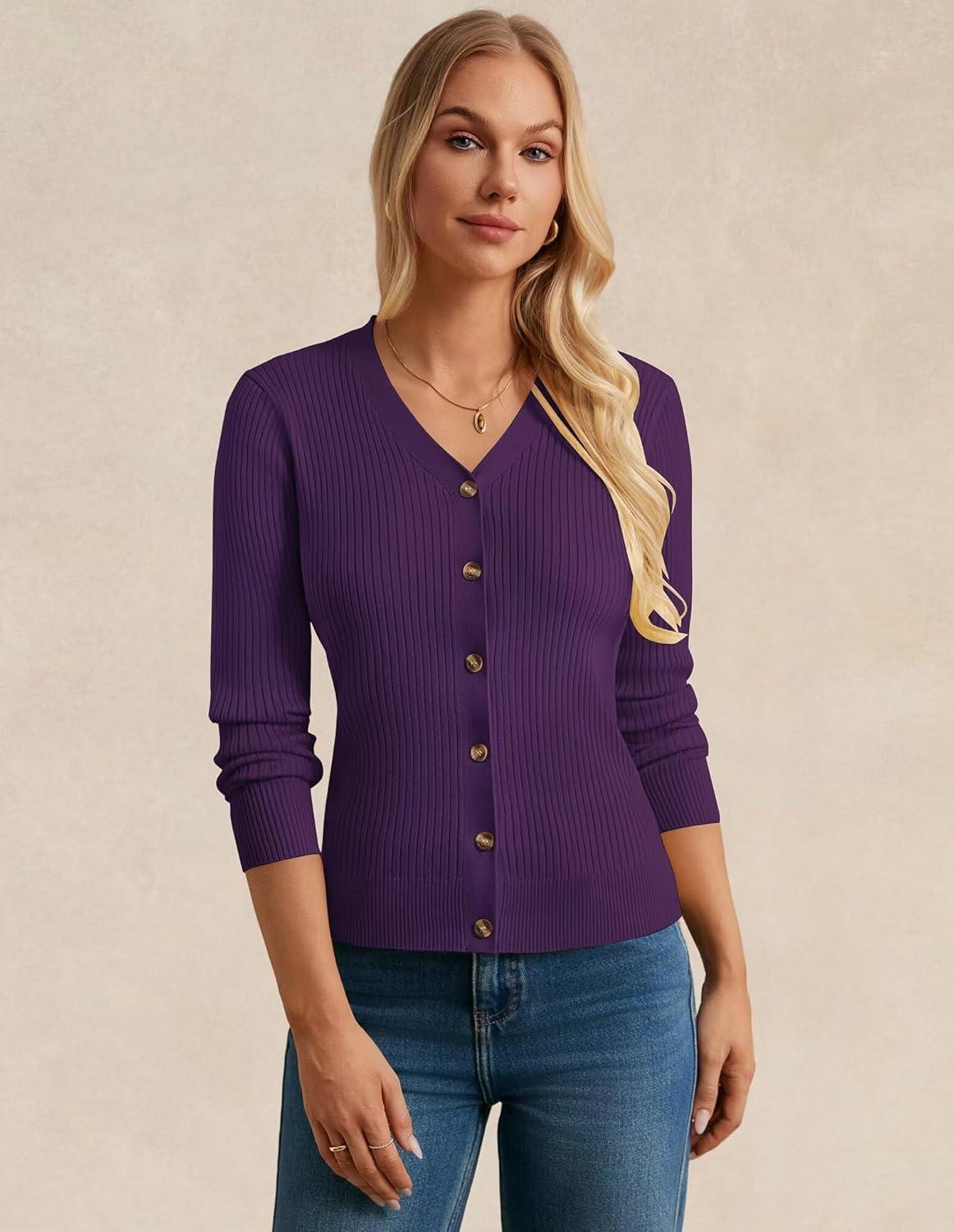 imageGRACE KARIN Womens Long Sleeve V Neck Button Up Cardigan Sweaters Trendy Ribbed Knit Open Front Casual JacketDark Purple