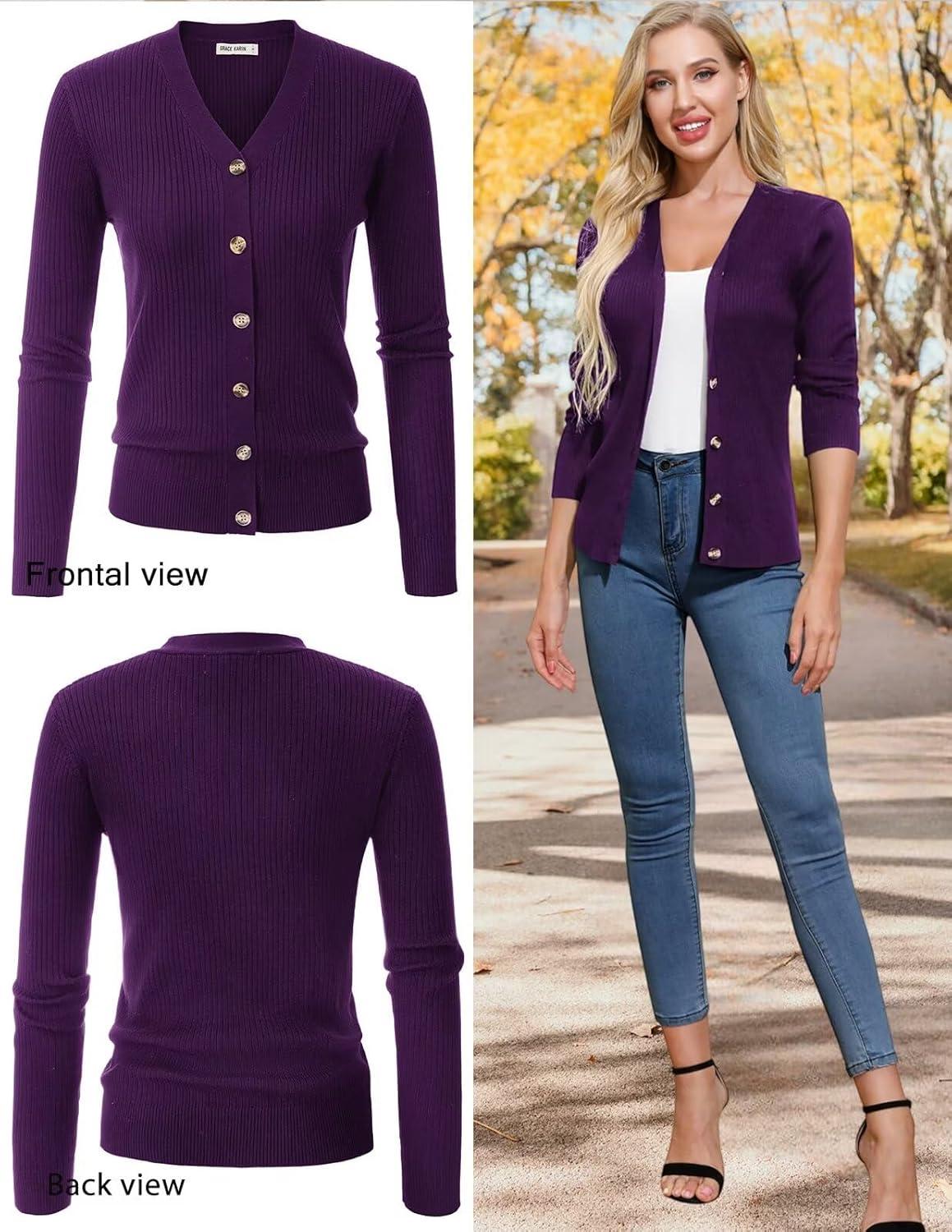 imageGRACE KARIN Womens Long Sleeve V Neck Button Up Cardigan Sweaters Trendy Ribbed Knit Open Front Casual JacketDark Purple