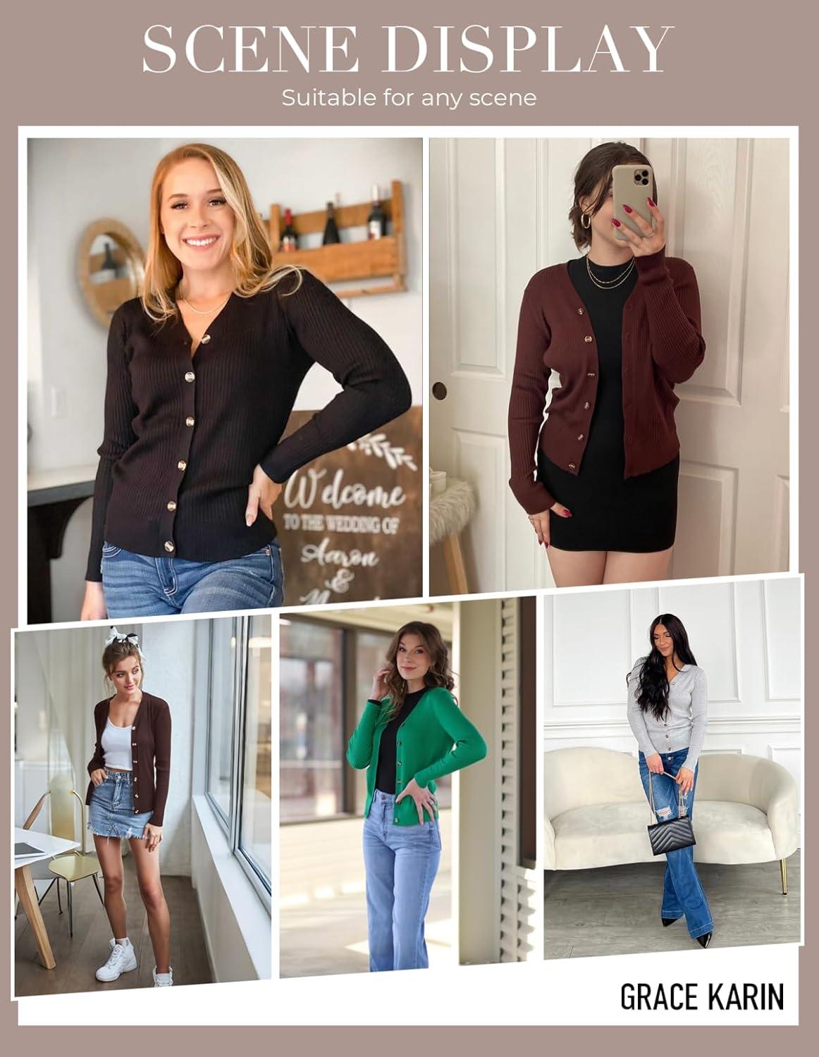 imageGRACE KARIN Womens Long Sleeve V Neck Button Up Cardigan Sweaters Trendy Ribbed Knit Open Front Casual JacketMid Khaki