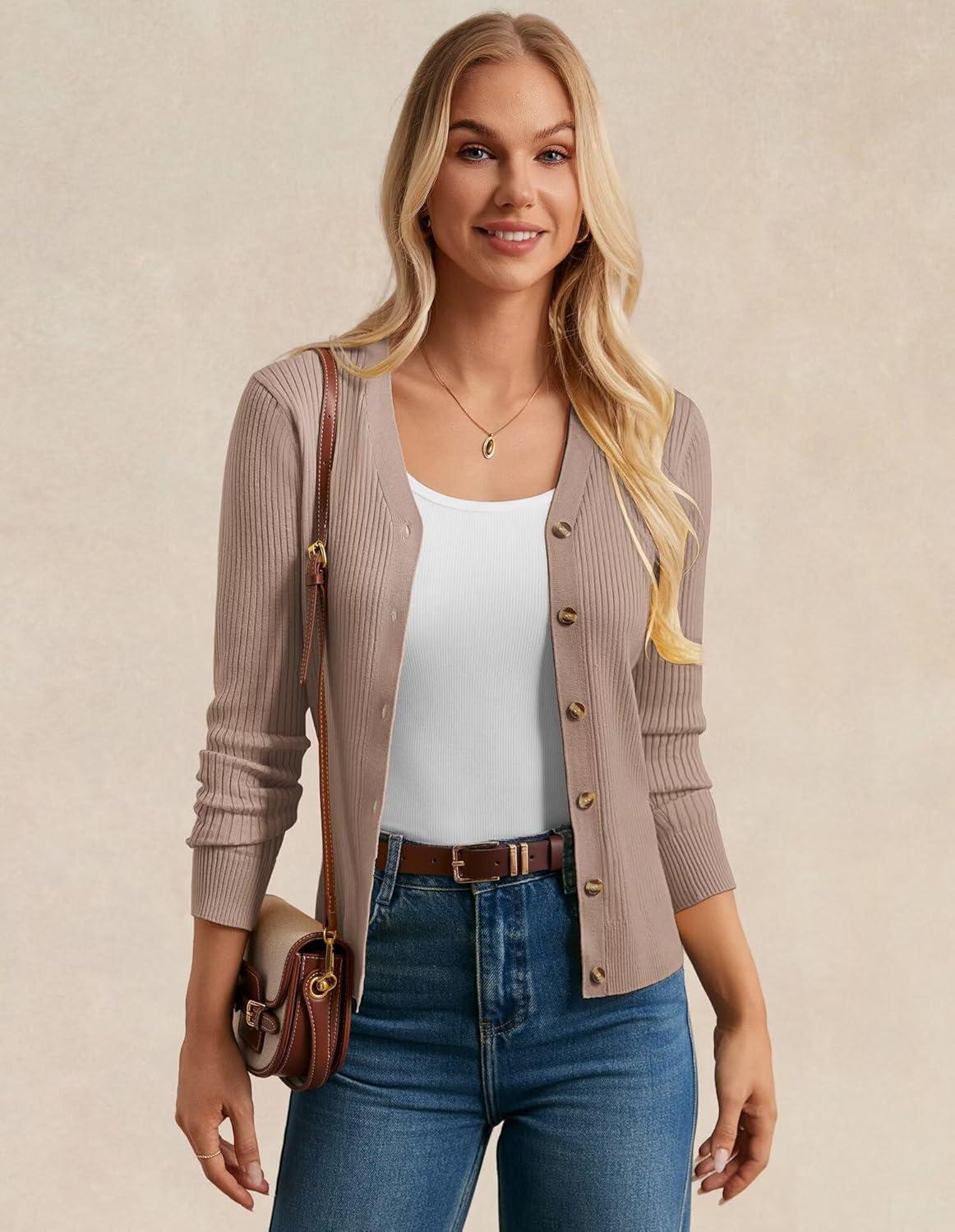 imageGRACE KARIN Womens Long Sleeve V Neck Button Up Cardigan Sweaters Trendy Ribbed Knit Open Front Casual JacketMid Khaki