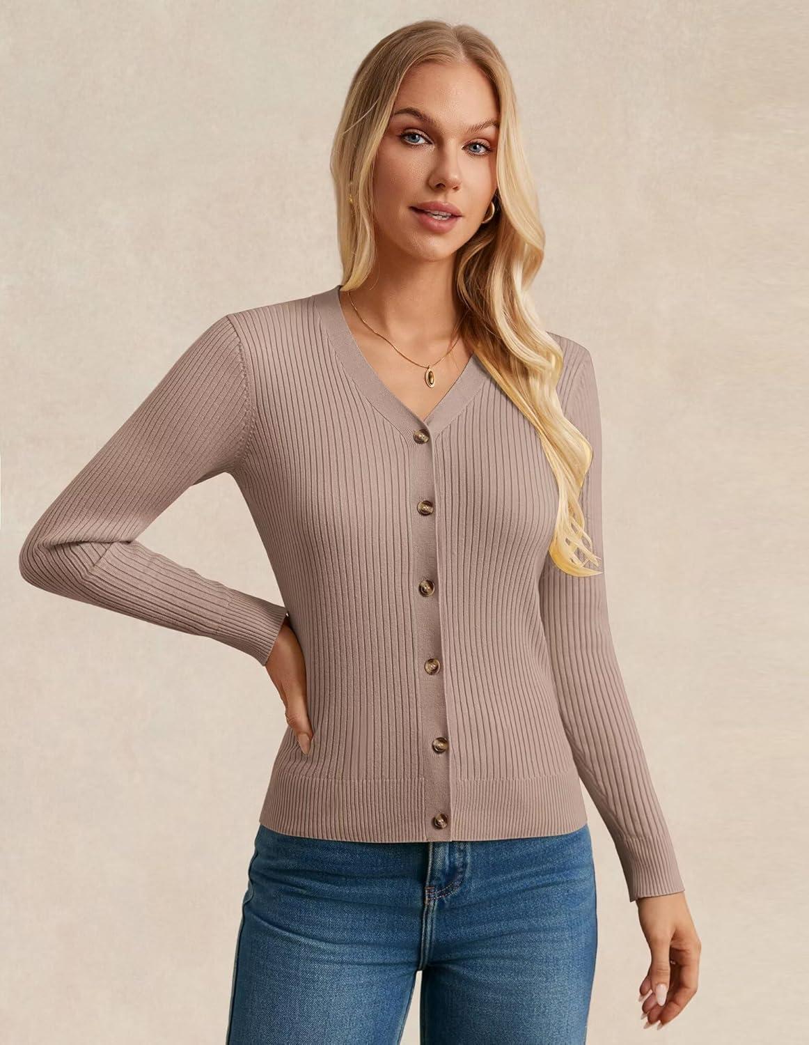 imageGRACE KARIN Womens Long Sleeve V Neck Button Up Cardigan Sweaters Trendy Ribbed Knit Open Front Casual JacketMid Khaki