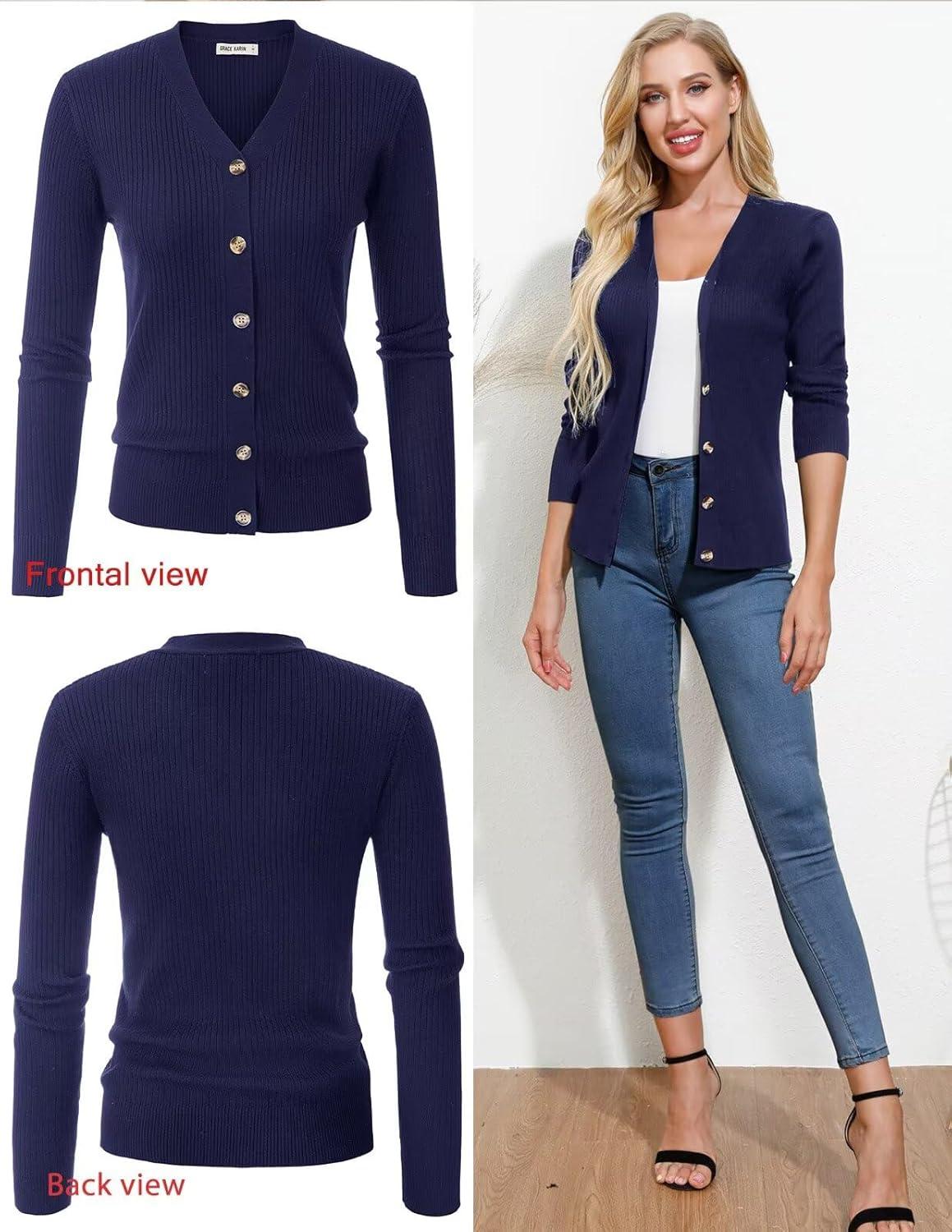 imageGRACE KARIN Womens Long Sleeve V Neck Button Up Cardigan Sweaters Trendy Ribbed Knit Open Front Casual JacketNavy