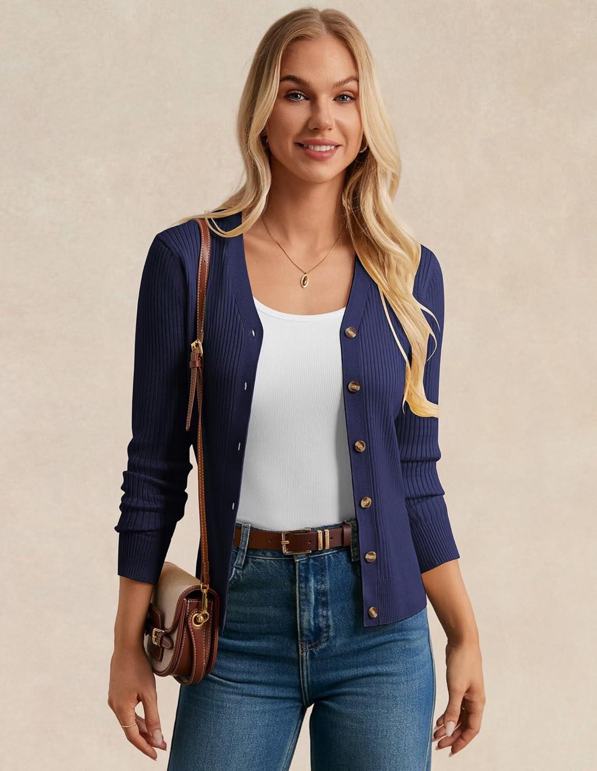 imageGRACE KARIN Womens Long Sleeve V Neck Button Up Cardigan Sweaters Trendy Ribbed Knit Open Front Casual JacketNavy