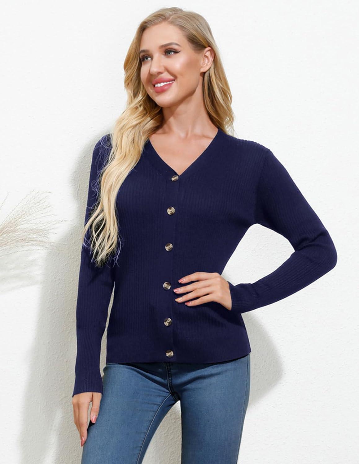 imageGRACE KARIN Womens Long Sleeve V Neck Button Up Cardigan Sweaters Trendy Ribbed Knit Open Front Casual JacketNavy