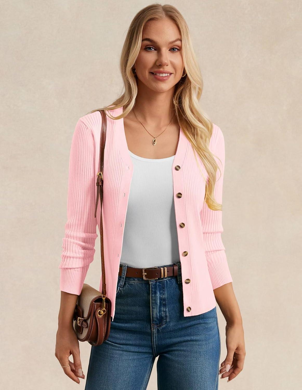 imageGRACE KARIN Womens Long Sleeve V Neck Button Up Cardigan Sweaters Trendy Ribbed Knit Open Front Casual JacketPink