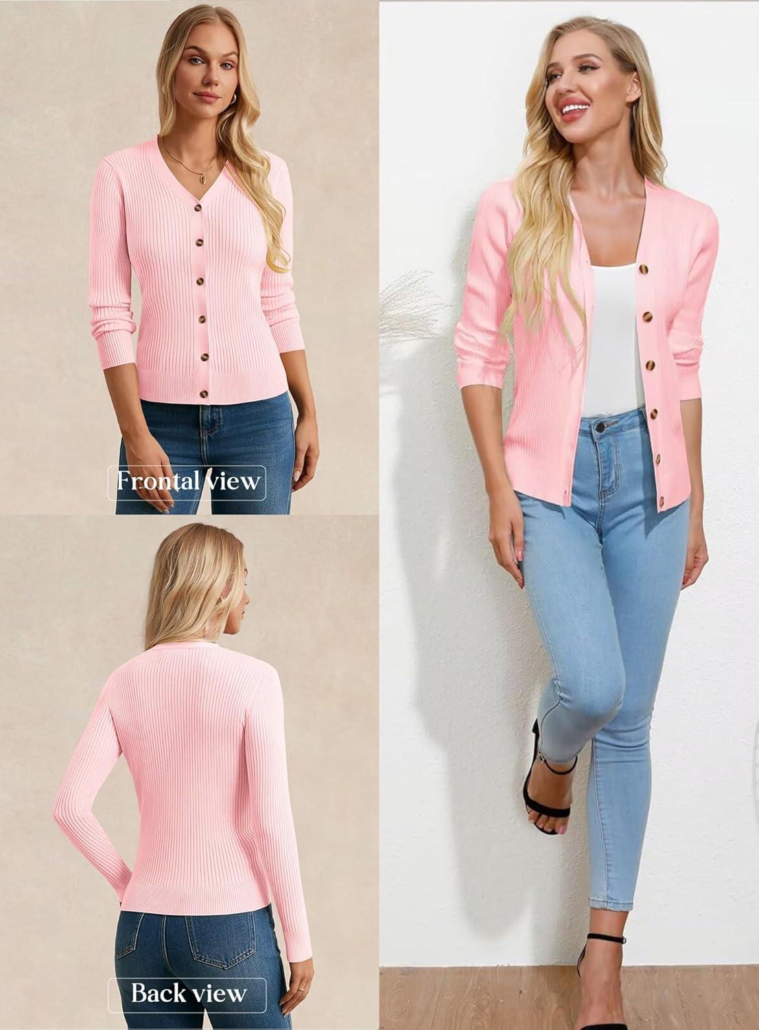 imageGRACE KARIN Womens Long Sleeve V Neck Button Up Cardigan Sweaters Trendy Ribbed Knit Open Front Casual JacketPink