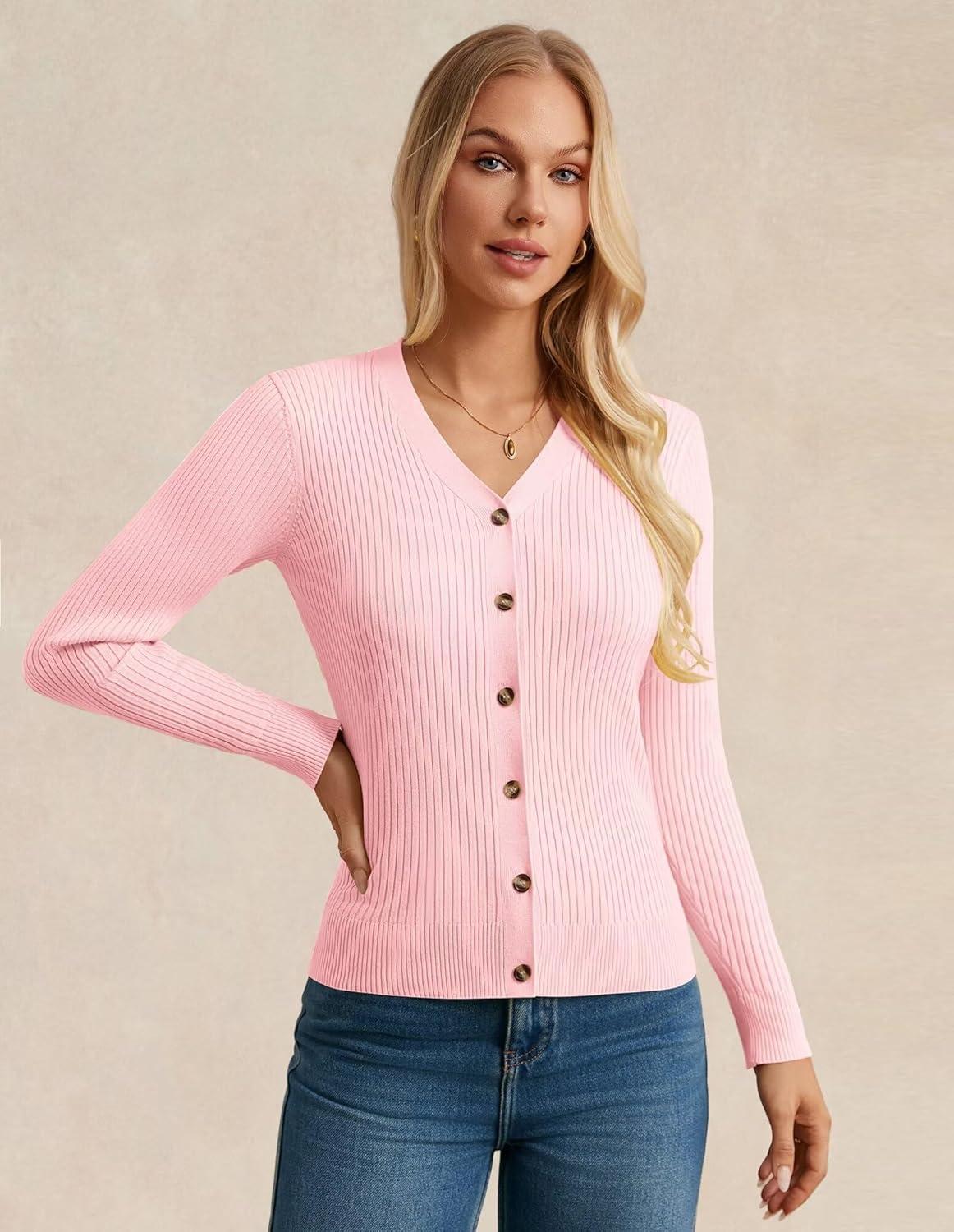 imageGRACE KARIN Womens Long Sleeve V Neck Button Up Cardigan Sweaters Trendy Ribbed Knit Open Front Casual JacketPink